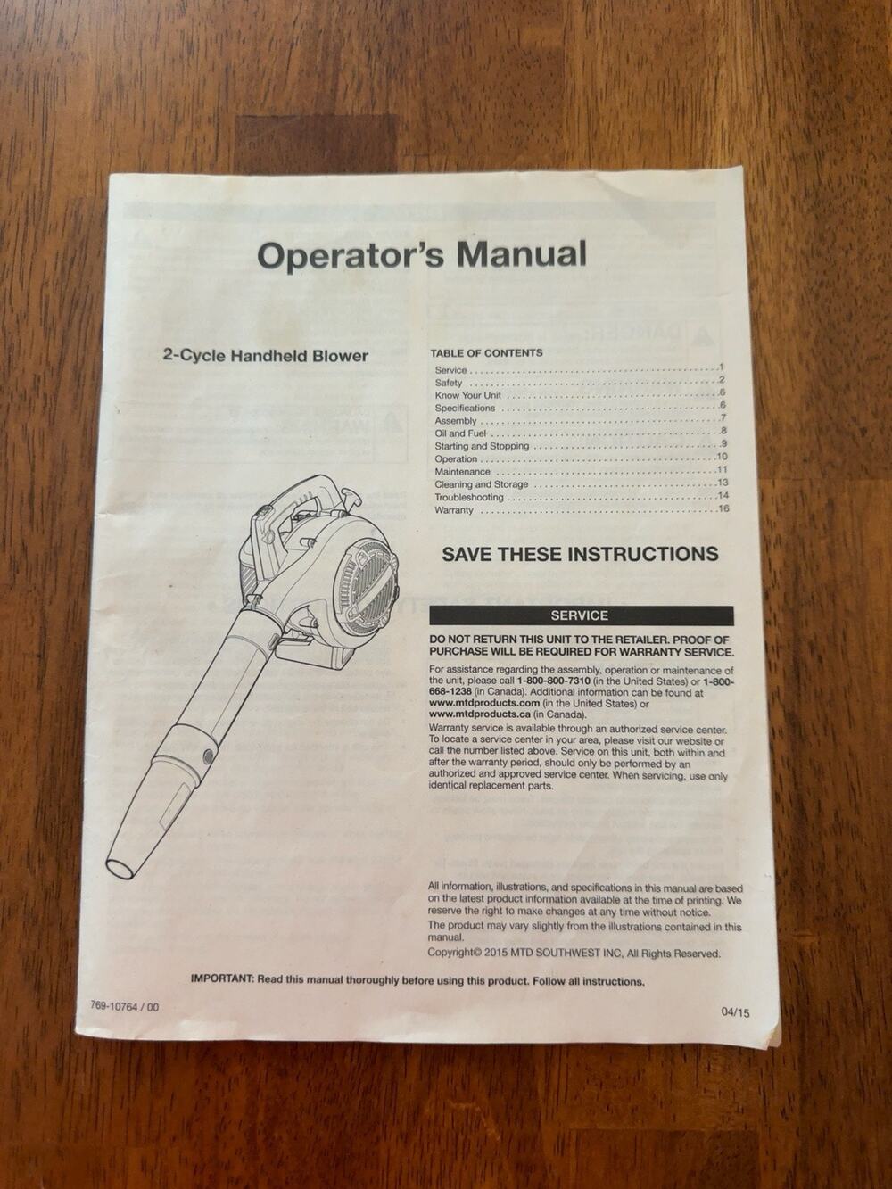 Original MTD Southwest Operator’s Manual for a 2-cycle handheld leaf blower.
